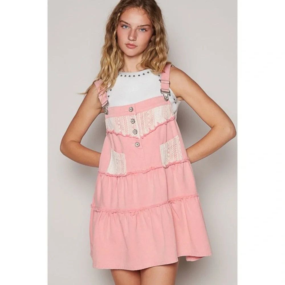 Pink Denim & Crochet Patch Tiered Skirtall Mini Dress - Picture 2 of 8